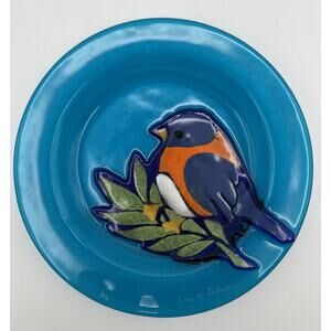 Fused Art Glass Trinket Dish with Bird 5.5” Blue Small Plate Signed Jan Mitchell